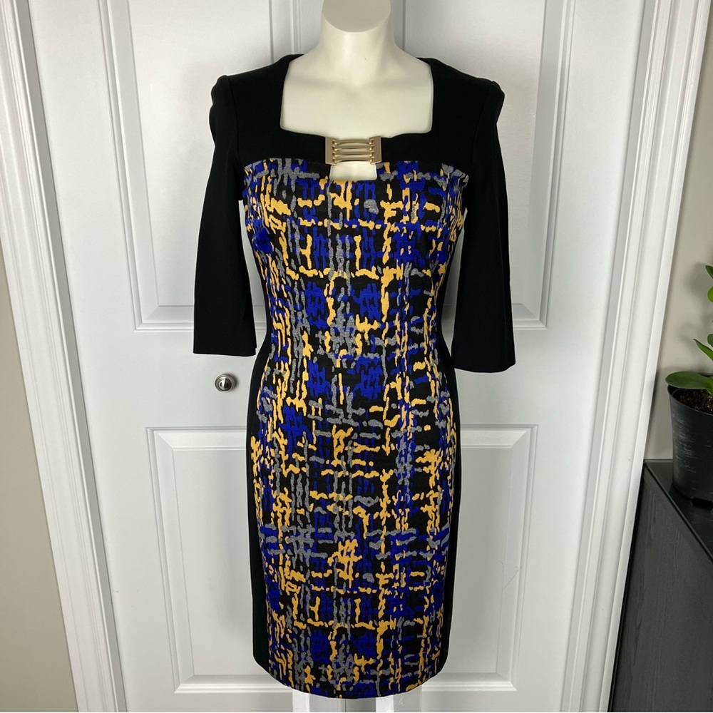 Joseph Ribkoff Black, blue & yellow block dress